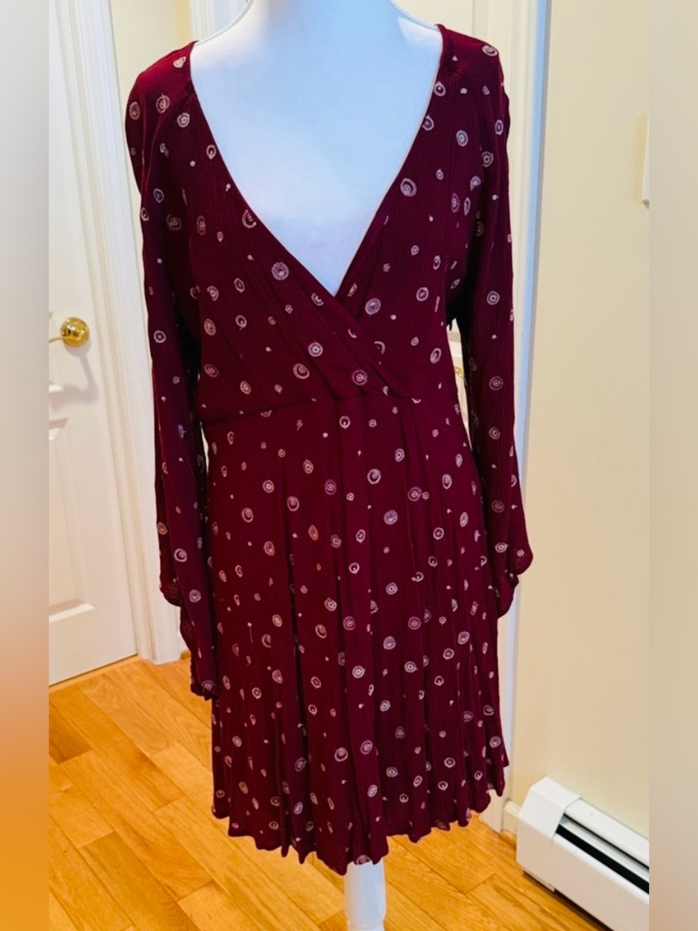 Hem & Thread Burgundy Long Sleeve V-Neck Wrap dress with hidden zipper on the si